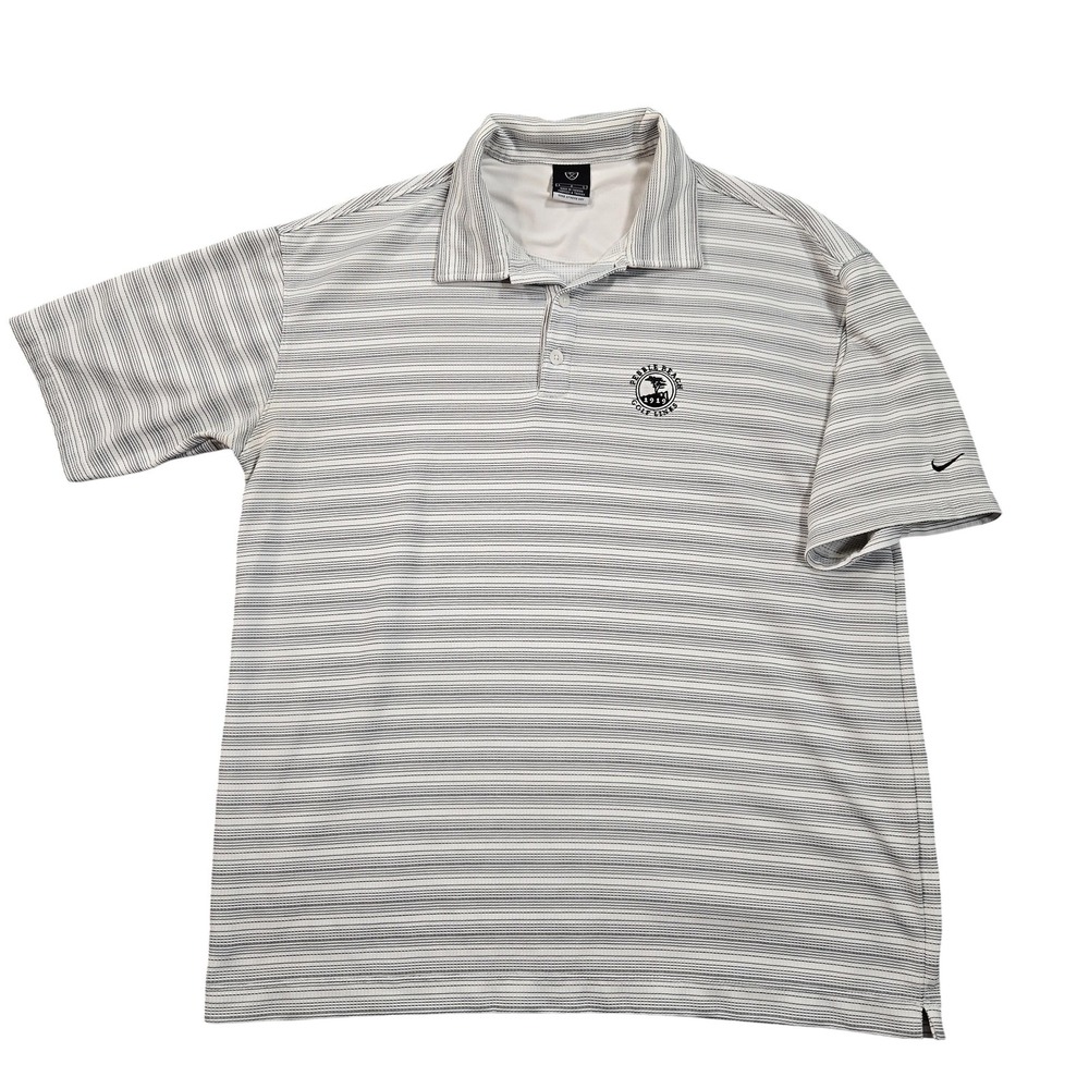 Nike Polo Shirt Mens Large White Gray Stripe Pebble Beach Golf‎ Sphere Dry Logo
